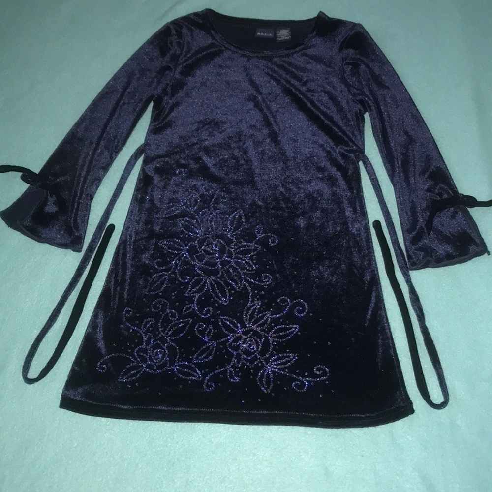 BASIC EDITIONS dress velvet deep navy rhinestone floral embellished size 6/6X